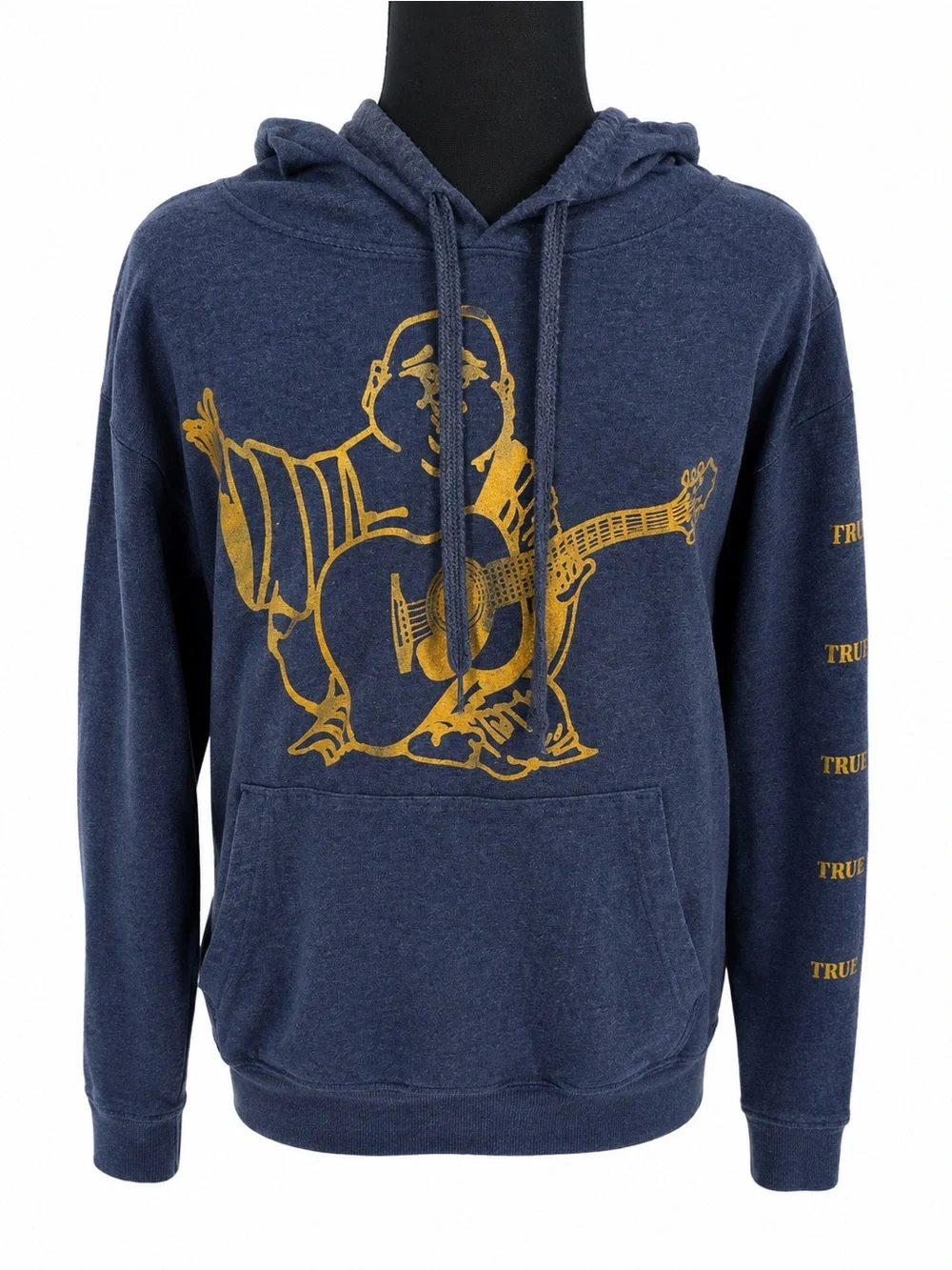 True Religion Buddha Graphic Pullover Hoodie Navy Blue Gold Logo Sleeve Large